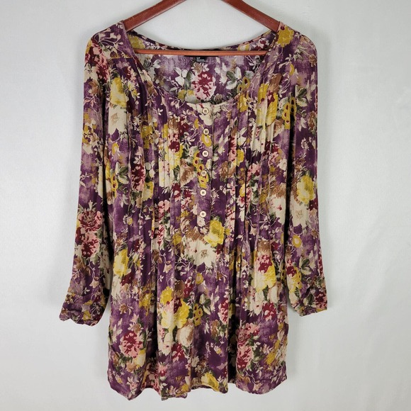 XXI Women Small Popover Tunic Top Floral Long Roll Tab Sleeve Pleated Scoop Neck - Picture 1 of 9